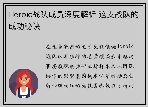 Heroic战队成员深度解析 这支战队的成功秘诀