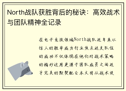 North战队获胜背后的秘诀：高效战术与团队精神全记录