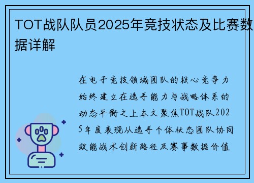 TOT战队队员2025年竞技状态及比赛数据详解